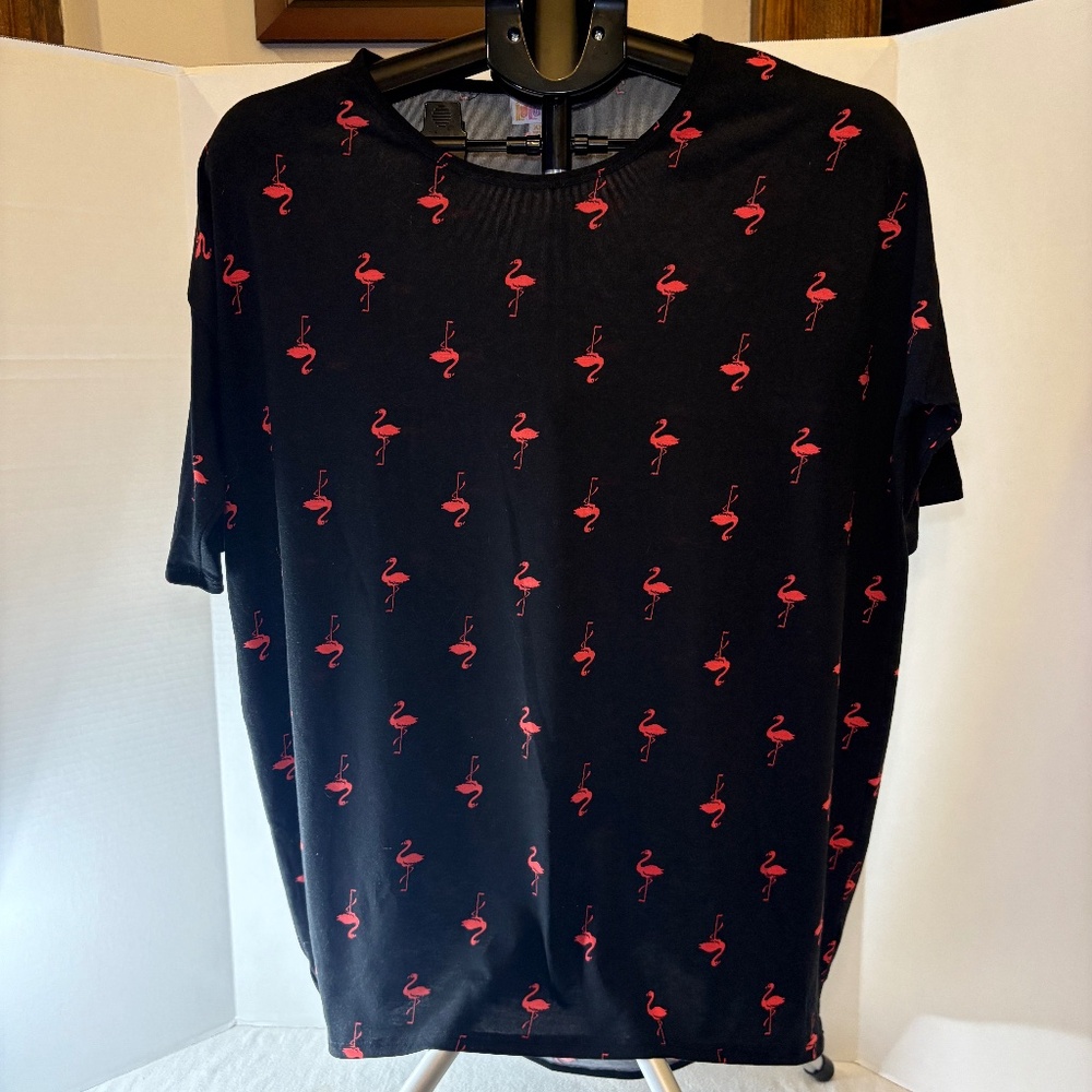 Lularoe Irma Style Tunic Black w/pink flamingos Limited Print Hi-Lo Sz XXS